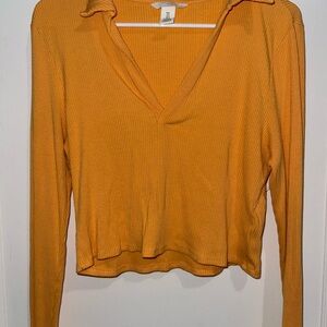 Women's Orange mustard yellow Ribbed Top long sleeve collar
